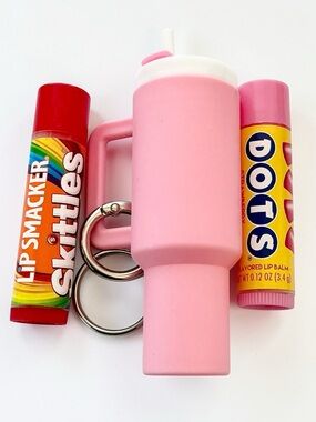 🆕 3D Tumbler Keychain with Mango Tango Skittles and Strawberry Dots Lip Balm
